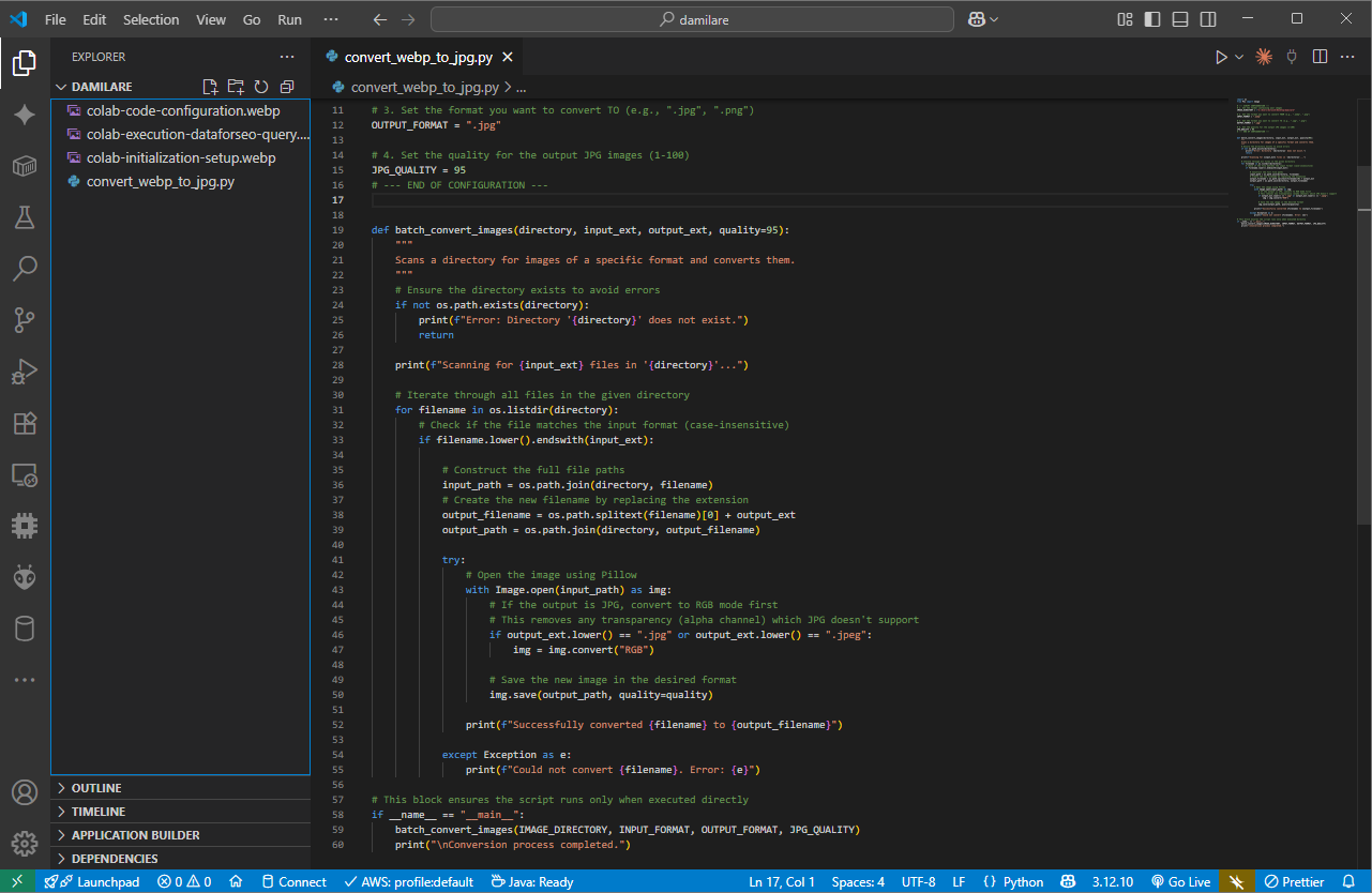 VS Code file explorer showing WebP files to be converted